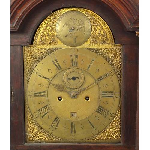 39 - Good 18th century mahogany pagoda topped grandfather clock, the brass dial with eagle crest and the ... 