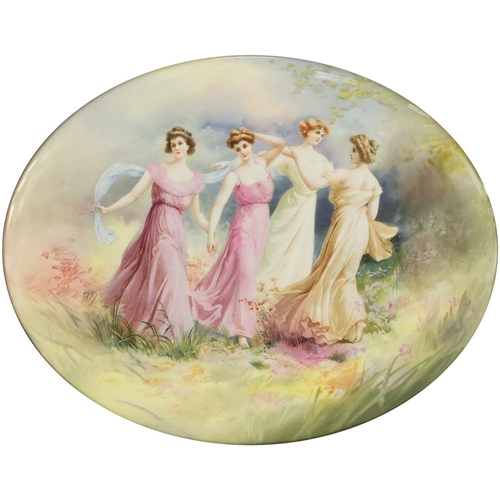 788 - Two Royal Doulton oval plaques, each decorated with four maidens in a landscape, mounted and housed ... 