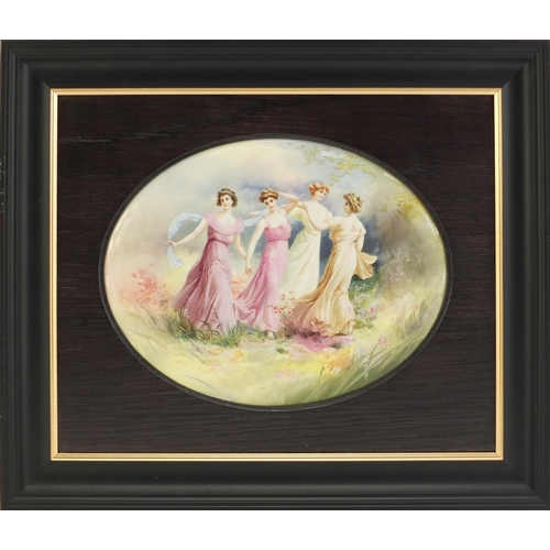 788 - Two Royal Doulton oval plaques, each decorated with four maidens in a landscape, mounted and housed ... 