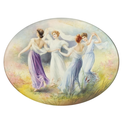 788 - Two Royal Doulton oval plaques, each decorated with four maidens in a landscape, mounted and housed ... 