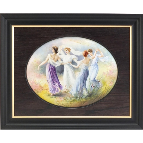 788 - Two Royal Doulton oval plaques, each decorated with four maidens in a landscape, mounted and housed ... 