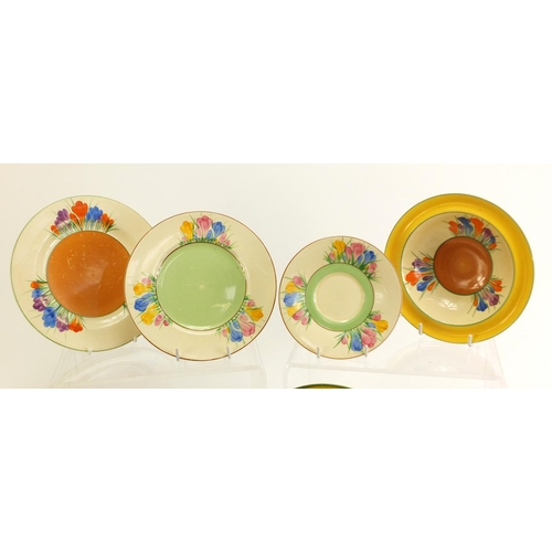 137 - Art Deco Clarice Cliff teaware hand painted in the Crocus pattern including cups, plates and milk ju... 