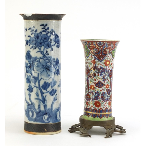 741 - Two Chinese porcelain vases hand painted with flowers, one with bronzed base, character marks to the... 