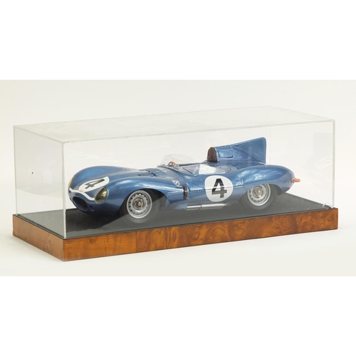 118 - 1:8 scale scratch built model of a Jaguar D Type by Javan Smith with display case, label to the base... 