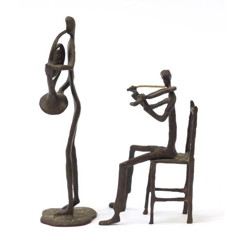 182 - Two Modernist patinated bronze musicians in the style of Alberto Giacometti, 30.5cm high