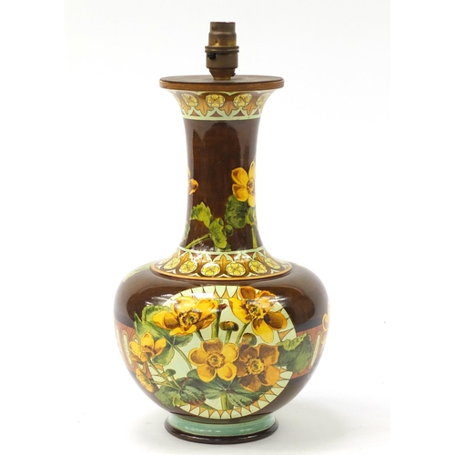 142 - Continental pottery vase converted to a lamp, hand painted with buttercups, numbered 2485, 39cm high