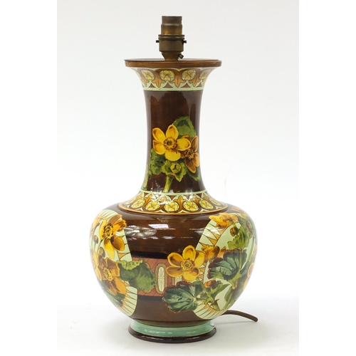 142 - Continental pottery vase converted to a lamp, hand painted with buttercups, numbered 2485, 39cm high