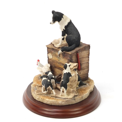 1284 - Border Fine Arts sculpture of dogs and a cockerel by Anne Wall with box, 21cm wide