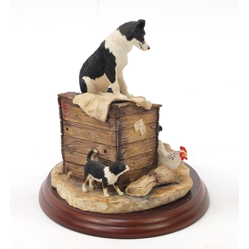 1284 - Border Fine Arts sculpture of dogs and a cockerel by Anne Wall with box, 21cm wide