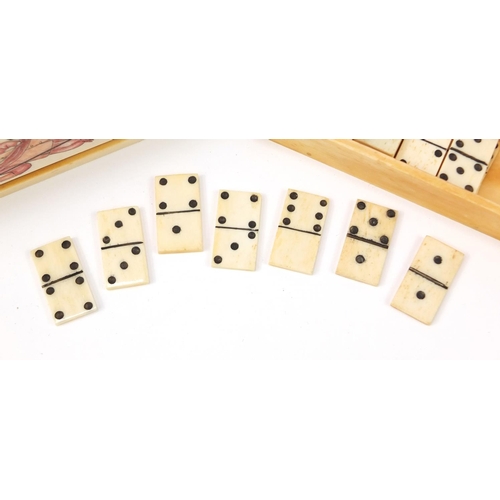 720 - Set of carved bone dominoes with case, each domino 2.5cm x 1.5cm, the case 11cm wide