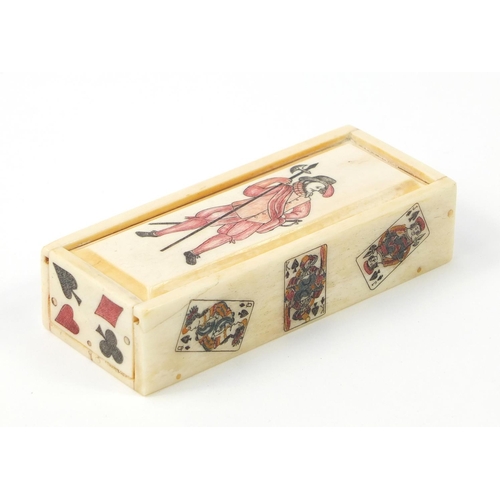 720 - Set of carved bone dominoes with case, each domino 2.5cm x 1.5cm, the case 11cm wide