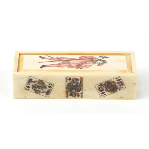 720 - Set of carved bone dominoes with case, each domino 2.5cm x 1.5cm, the case 11cm wide