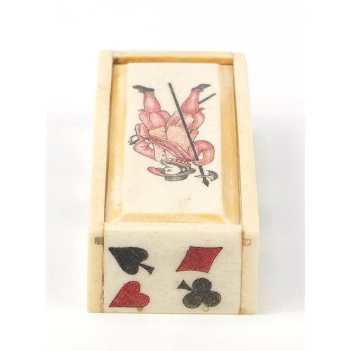 720 - Set of carved bone dominoes with case, each domino 2.5cm x 1.5cm, the case 11cm wide