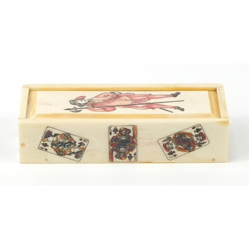 720 - Set of carved bone dominoes with case, each domino 2.5cm x 1.5cm, the case 11cm wide