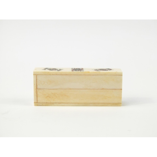 720 - Set of carved bone dominoes with case, each domino 2.5cm x 1.5cm, the case 11cm wide