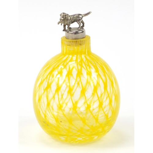 1120 - Glass scent bottle with yellow lattice work design and dog stopper, 13cm high