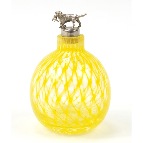 1120 - Glass scent bottle with yellow lattice work design and dog stopper, 13cm high