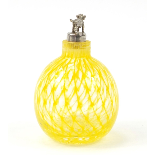 1120 - Glass scent bottle with yellow lattice work design and dog stopper, 13cm high