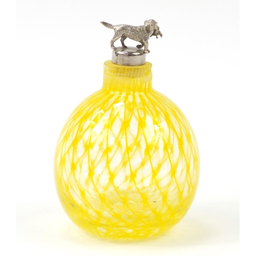 1120 - Glass scent bottle with yellow lattice work design and dog stopper, 13cm high