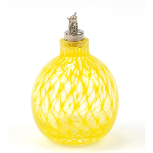 1120 - Glass scent bottle with yellow lattice work design and dog stopper, 13cm high