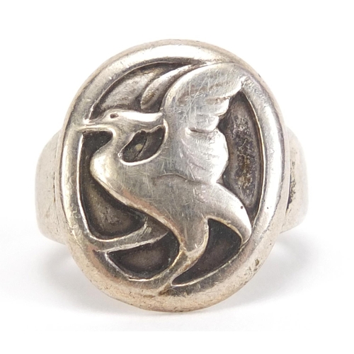 1107 - Danish 925S silver ring by Georg Jensen, decorated with a crane and numbered 75, size L, 7.2g