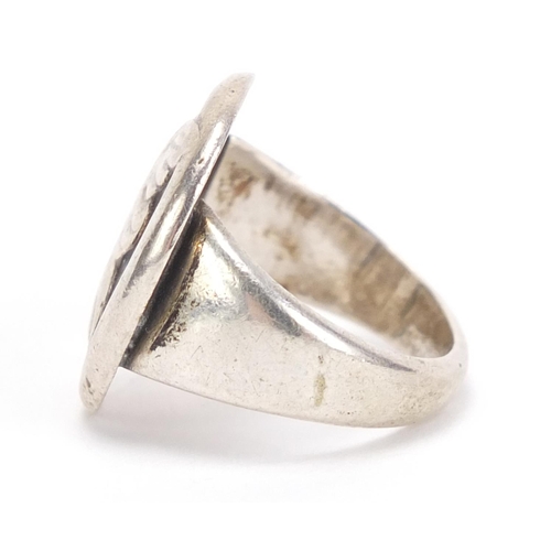 1107 - Danish 925S silver ring by Georg Jensen, decorated with a crane and numbered 75, size L, 7.2g