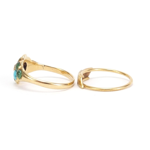 728 - Two unmarked gold rings including one set with turquoise, 3.8g