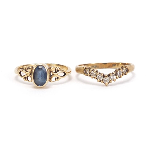 760 - Two 9ct gold rings set with blue and clear stones, sizes F & H, 2.2g