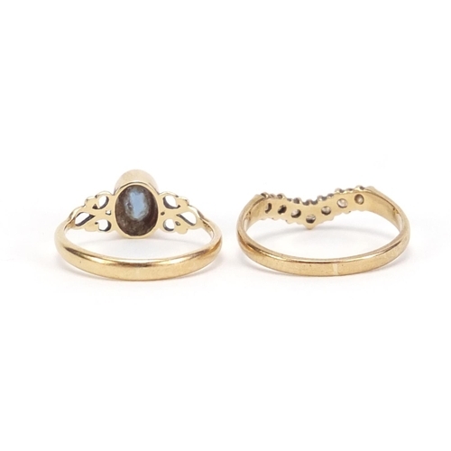 760 - Two 9ct gold rings set with blue and clear stones, sizes F & H, 2.2g