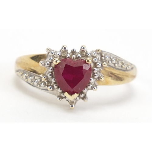 1182 - 9ct gold ruby and diamond love heart ring, size P, 2.2g