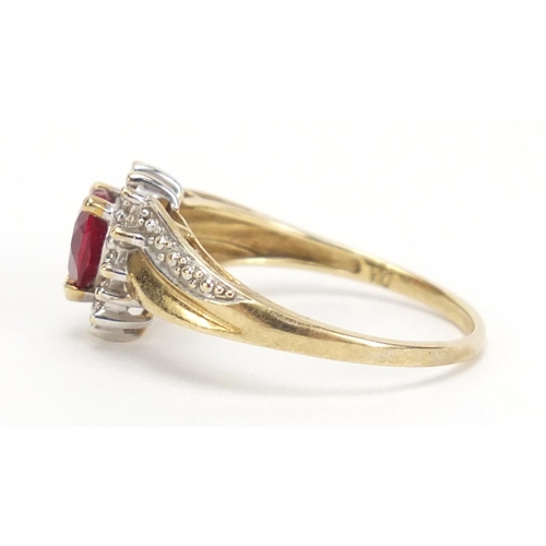 1182 - 9ct gold ruby and diamond love heart ring, size P, 2.2g