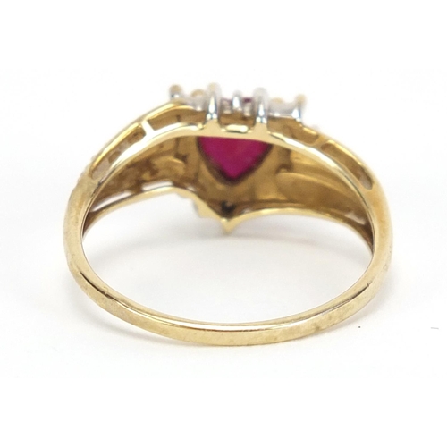 1182 - 9ct gold ruby and diamond love heart ring, size P, 2.2g