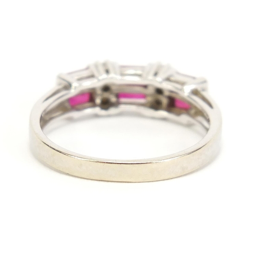 24 - 14k white gold diamond and ruby half eternity ring, size P, 3.3g