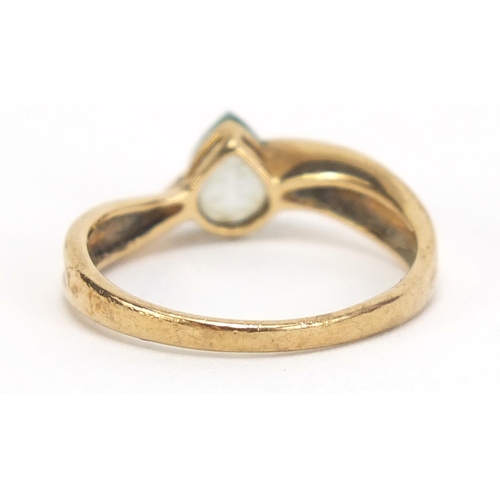 831 - 9ct gold blue stone tear drop ring, size M, 1.9g