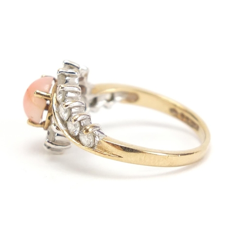 1266 - 9ct gold coral and clear stone ring, size K, 2.4g