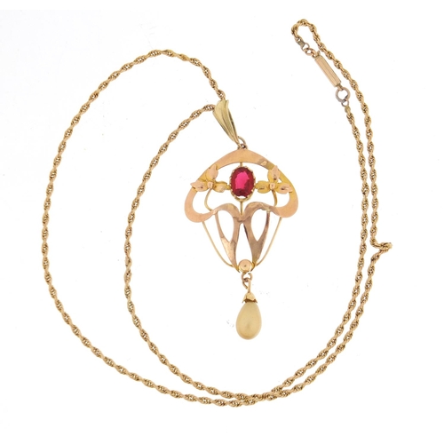 645 - Art Nouveau 9ct gold pendant on a 9ct gold necklace, the pendant 5.5cm in length, 5.4g