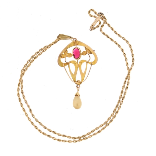 645 - Art Nouveau 9ct gold pendant on a 9ct gold necklace, the pendant 5.5cm in length, 5.4g