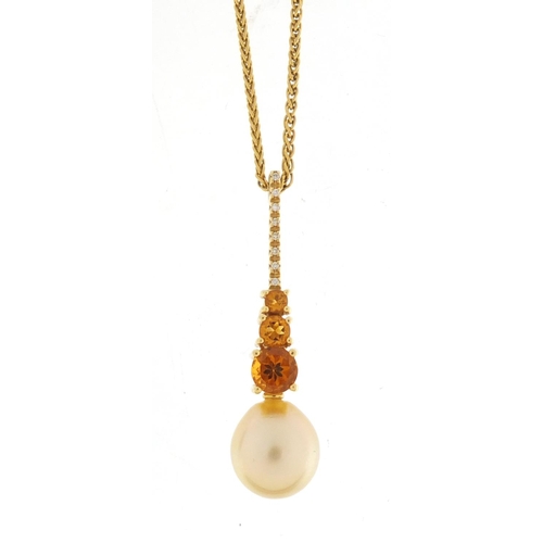 86 - 18ct gold Autore pendant, set with diamonds, citrine and pearl, 4.5cm in length, on a 9ct gold neckl... 