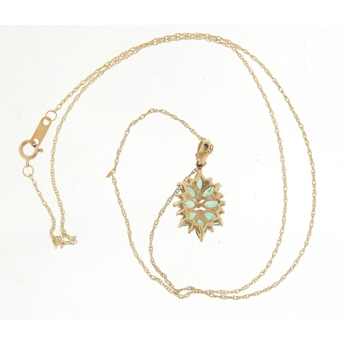 879 - 9ct gold green stone and diamond pendant on a 9ct gold necklace, 44cm in length, 2.0g