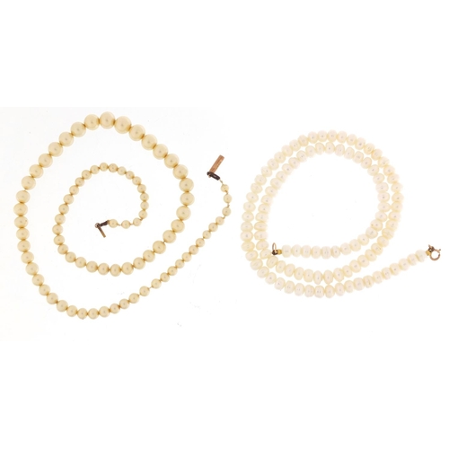 1184 - Fresh water pearl necklace and one other, both with 9ct gold clasps, each 40cm in length