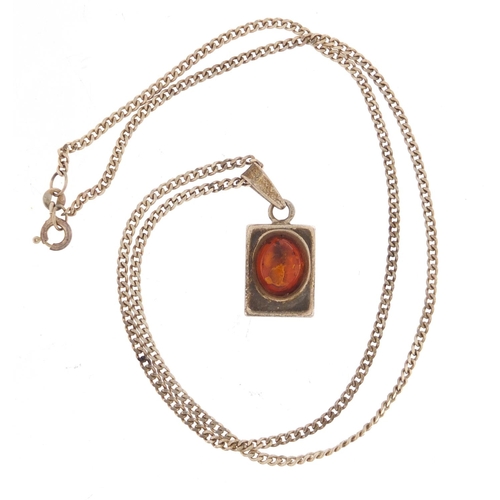 1391 - Silver and amber pendant on chain with matching earrings, the earrings 3cm in length, 8.0g