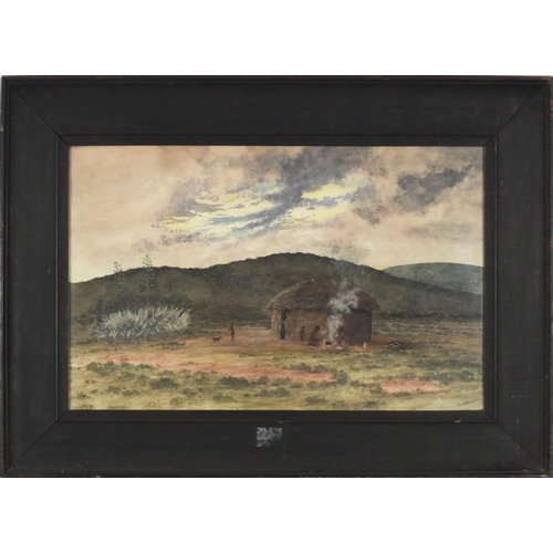 446 - AW Standen - Primitive life African village, watercolour in black painted wooden frame, 55cm x 35cm