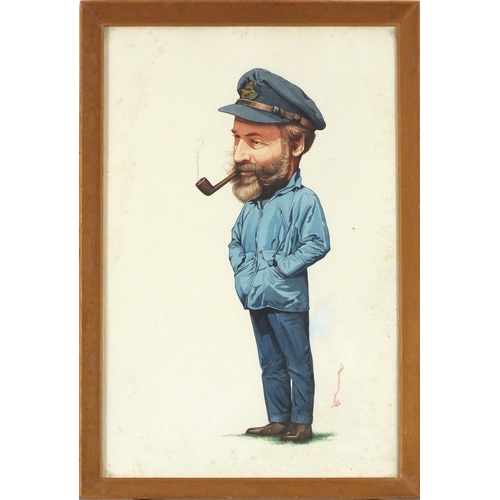 672 - RAF gentleman smoking his pipe, well detailed watercolour, housed in an oak frame, 23.5cm x 36.5cm