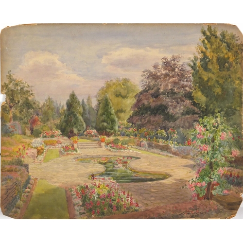 1053 - J Thompson 1930 - Garden with flowers and a pond, watercolour on card, unframed, 47.5cm x 38cm