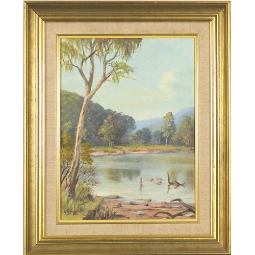 896 - G Mansfield Walker - Australian outback, oil on board, mounted and framed, 40cm x 29cm