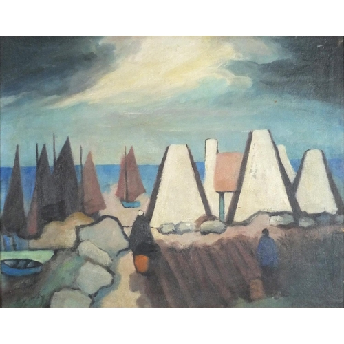 1082 - Manner of Markey Robinson - Figures before cottages and water, Irish school oil, framed and glazed, ... 