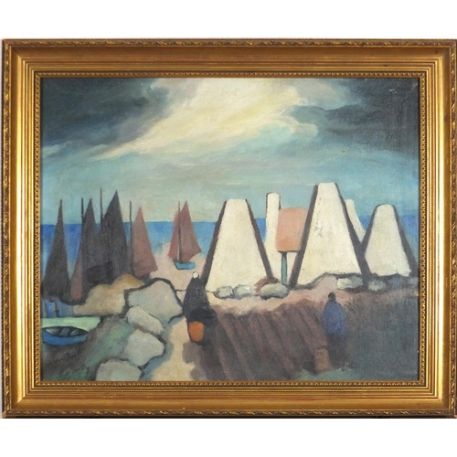 1082 - Manner of Markey Robinson - Figures before cottages and water, Irish school oil, framed and glazed, ... 