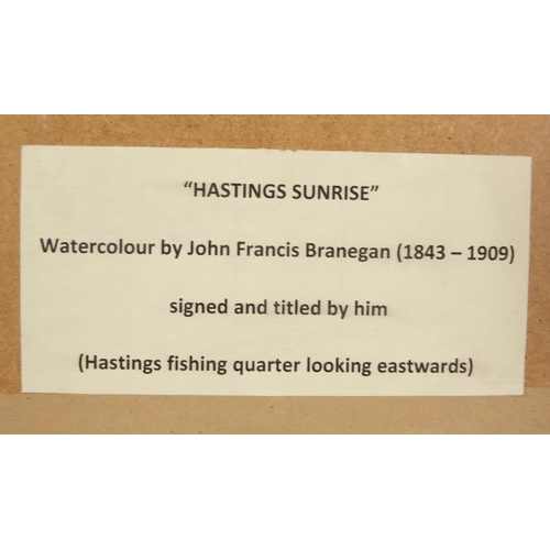 1085 - John Francis Branegan - Hastings sunrise, early 20th century watercolour, details verso, mounted, fr... 