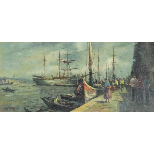 1020 - Harbour scene, oil on canvas board, bearing a signature S Hyling, mounted and framed, 51cm x 23.5cm