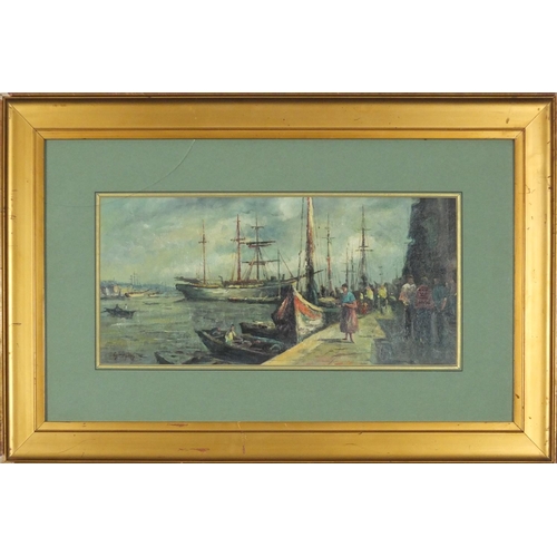 1020 - Harbour scene, oil on canvas board, bearing a signature S Hyling, mounted and framed, 51cm x 23.5cm